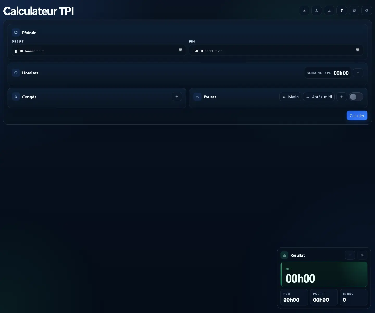 Calculateur TPI pour calculer un temps de travail selon plusieurs règles