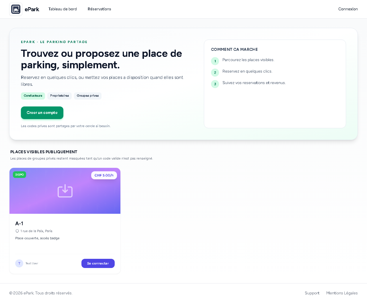 Capture d'écran de ePark, plateforme de location de places de parc