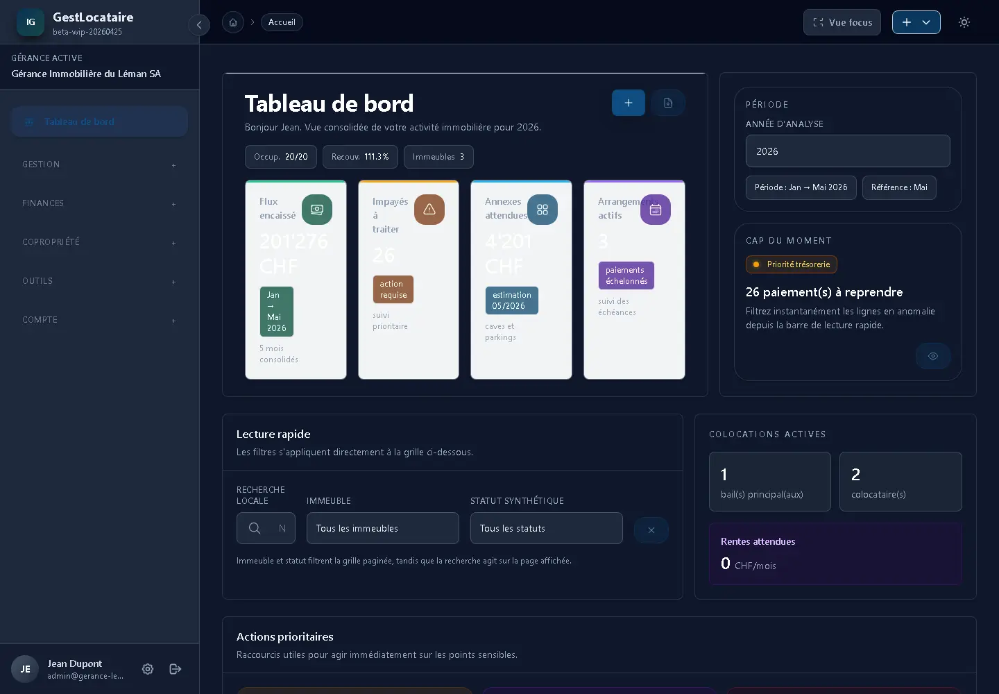 GestLocataire, tableau de bord de gestion locative